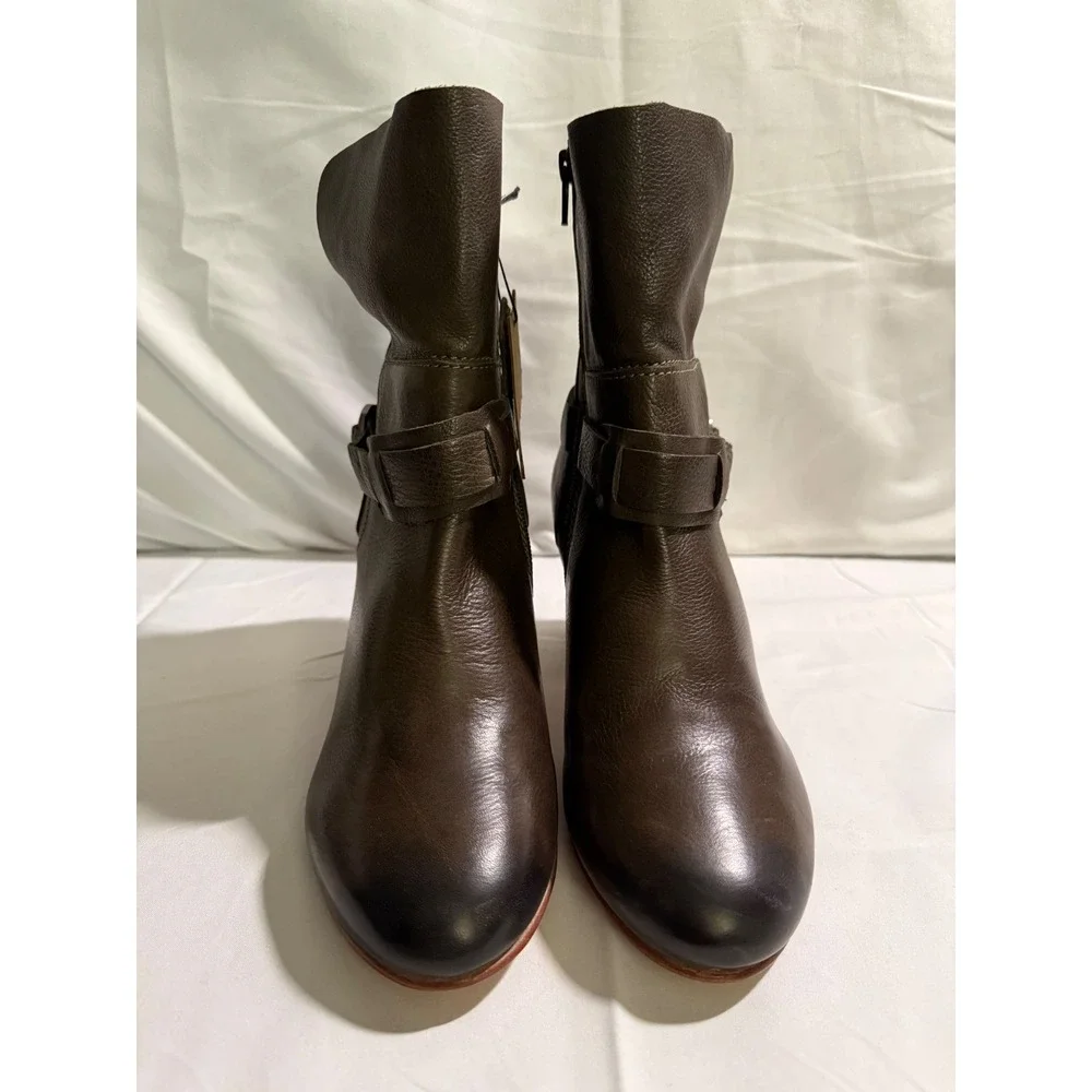 Oobash Women Olive Green Leather Harness Ankle Boots Handcrafted Block Heel 9